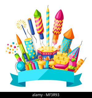 Sfondo colorato con fuochi d'artificio. Diversi tipi di fuochi d'artificio, saluta e petardi Illustrazione Vettoriale