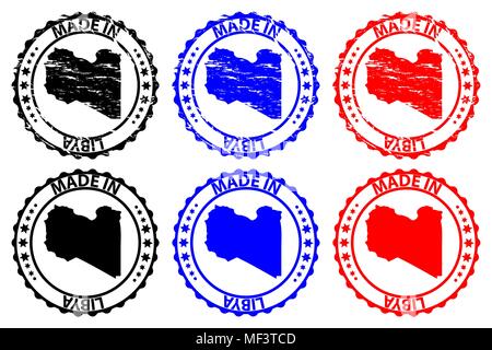 Realizzati in Libia - timbro di gomma - vettore, Libia mappa del modello - nero, blu e rosso Illustrazione Vettoriale