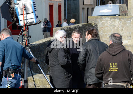 Le riprese della serie TV Shetland sulle strade di Lerwick Shetland con Douglas Henshall Foto Stock