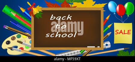 Si torna a scuola luminose banner forniture scolastiche imposta illustrazione vettoriale. Illustrazione Vettoriale