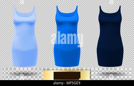 Dettagliata realistica 3d abito donna mock up. Leggero, Normale e blu scuro impostare isolato su sfondo sport abbigliamento estivo. Illustrazione Vettoriale Illustrazione Vettoriale