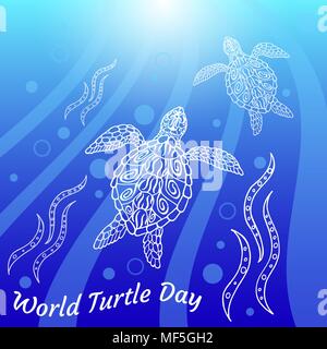 Mondo Giorno della tartaruga. Le tartarughe di acqua swim up. Raggi, bolle, luce. Disegno in etnico stile aborigena. Sfondo blu Illustrazione Vettoriale