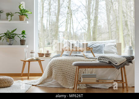 Un lenzuolo sul banco di legno con i libri nella parte anteriore del letto in camera da letto accogliente interno con piante Foto Stock