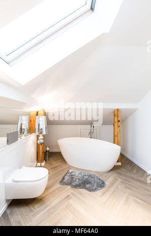 Vasca ovale e wc in minimalista, luminoso, bianco bagno interno Foto Stock