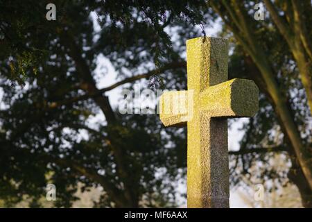 Crocifisso di granito, la prima guerra mondiale Memorial a San Clemente Chiesa Powderham. Exeter Devon, Regno Unito. Nella luce dorata di mattina. Aprile, 2018. Foto Stock