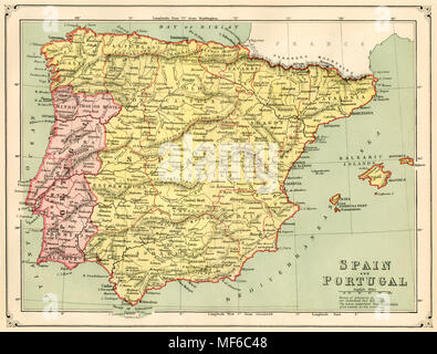 Mappa della Spagna e del Portogallo, 1870s. Stampa Litografia a colori Foto Stock