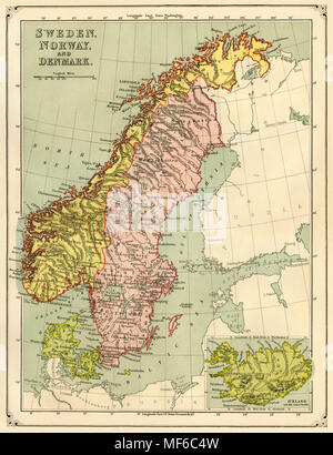 Mappa di Norvegia, Svezia, Danimarca e Islanda, 1870s. Stampa Litografia a colori Foto Stock