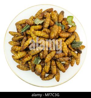 La cucina e il cibo, vista dall'alto del tailandese tradizionale profondo fritto marinato vermi di noce di cocco con erbe isolati su sfondo bianco. Uno dei più popolari str Foto Stock