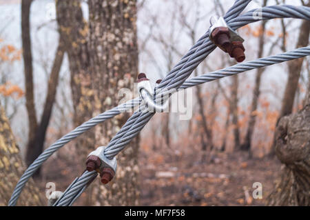 Fune in acciaio di imbracatura e cavo metallico morsetto è collegato con clip per mezzo del dispositivo di chiusura Foto Stock