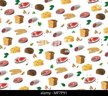 Illustrazione di prodotti a base di carne e di prodotti da forno. Hat chef Illustrazione Vettoriale