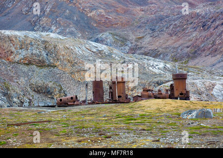 Camp Mansfield, antichi resti vecchia cava di marmo, Blomstrand Isola, Krossfjord, artiche Spitsbergen, Svalbard, Norvegia Foto Stock