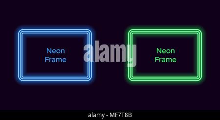 Neon telaio rettangolare di colore blu e verde. Template vettoriale di neon telaio costituito da tre contorni, con retroilluminazione morbido su sfondo scuro Illustrazione Vettoriale