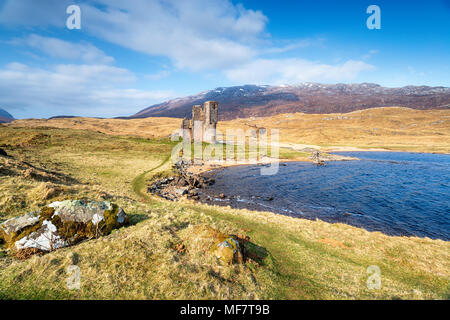 Le rovine del castello di Ardvreck sulle rive di Loch Assynt in Sutherland nelle Highlands scozzesi e parte del CN500 percorso turistico Foto Stock