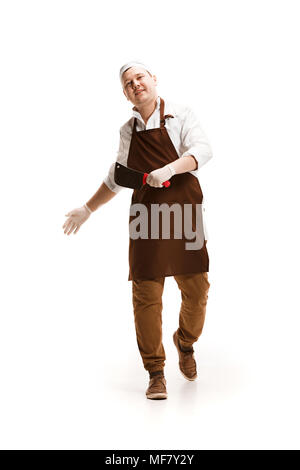 Macelleria sorridente in posa isolati su sfondo bianco Foto Stock