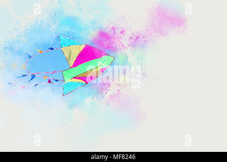 Stile acquerello illustrazione astratta di colorato aquilone vola nel cielo blu Foto Stock