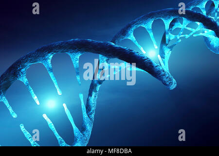 Immagine concettuale della struttura del DNA con molecole illuminato che illustra la trasformazione genetica, manipolazione o modifica. 3D rendering artwork Foto Stock