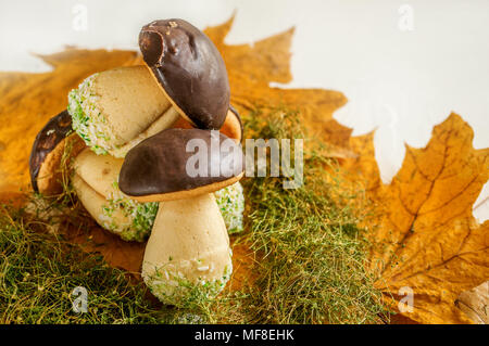 Set di pasticceria. Bella boletus sulla torta. Foglie di autunno e moss-decorazione. Foto Stock