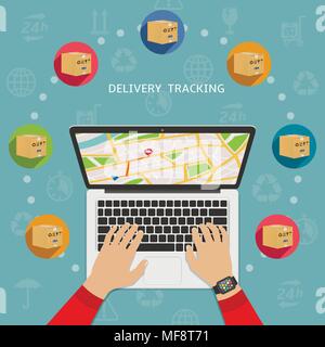 Spese di spedizione tracking dei pacchi fine design piatto concetto. Una persona che tiene traccia delle parcelle. Illustrazione Vettoriale. Illustrazione Vettoriale