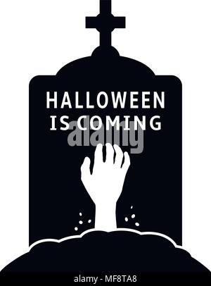 Halloween è venuta concetto. Icona di pietre tombali con mano zombie. Illustrazione Vettoriale. Illustrazione Vettoriale