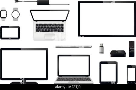 Set di TV realistica, sul monitor di un computer, laptop, tablet, telefono cellulare, smart watch, unità flash USB, TV box ricevitore, il sistema di navigazione GPS del dispositivo e Illustrazione Vettoriale