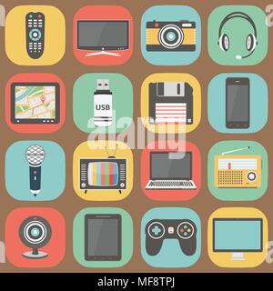 La tecnologia flat colorato design set di icone. Illustrazione Vettoriale. Illustrazione Vettoriale