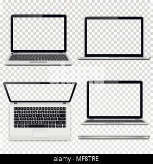 Insieme di computer portatili con schermo trasparente in posizioni differenti isolati su sfondo trasparente. Illustrazione Vettoriale. Illustrazione Vettoriale