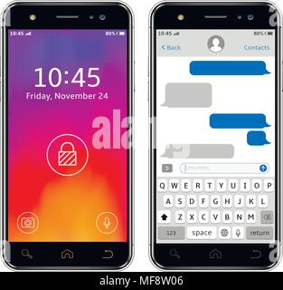 I telefoni cellulari con blocco schermo e chat sms modello di app. Isolato su sfondo bianco. Illustrazione Vettoriale. Illustrazione Vettoriale