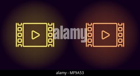 Neon film cinema in giallo e arancione. Illustrazione Vettoriale di cinema con icona Riproduci costituito da contorni al neon, con retroilluminazione sul buio Illustrazione Vettoriale