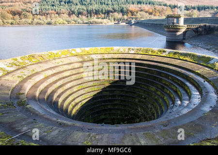 Una bicchieratura (overflow localmente denominato un tappo foro) al serbatoio Ladybower con la diga e prelevare le torri in distanza, Derbyshire, England, Regno Unito Foto Stock