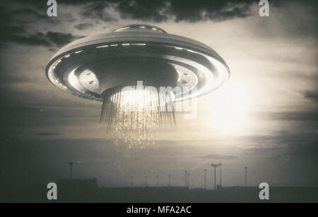 Vecchie foto di UFO. Concetto di immagine di alieni. Rendering 3D oltre il quadro reale. Foto Stock