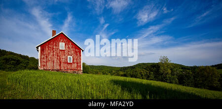 Classico rosso antico fienile del Vermont nel bel prato in un giorno di estate Foto Stock