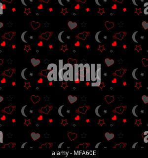 Seamless pattern con cuori rossi e stelle nere su sfondo nero. Illustrazione Vettoriale Illustrazione Vettoriale