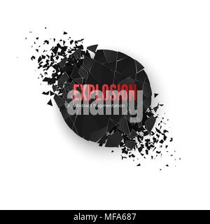 Banner di simulazione di esplosione. Esplodere e distruzione. Cerchio in frantumi effetto. Illustrazione di vettore isolato su sfondo whide Illustrazione Vettoriale