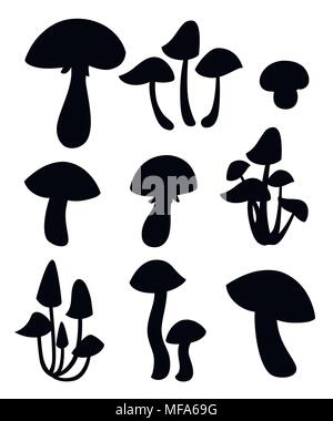 Silhouette nera. Funghi decorativi illustrazione. Stile Cartoon design. Illustrazione di vettore isolato su sfondo bianco. Pagina del sito web e mobile Illustrazione Vettoriale