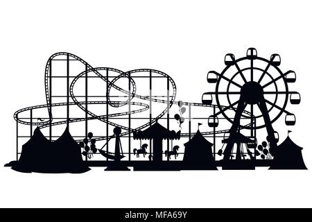 Silhouette nera. Parco dei divertimenti. Stile Cartoon design. Roller Coaster, giostra, la nave dei pirati e le tende di colore rosso. Illustrazione Vettoriale su sfondo bianco. Illustrazione Vettoriale