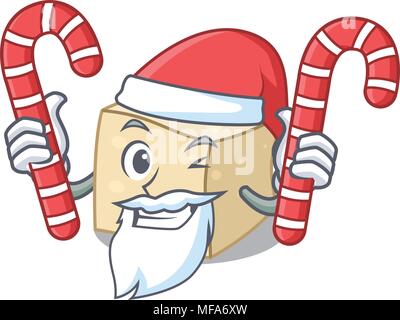 Santa con la caramella mascotte di tofu in stile cartone animato Illustrazione Vettoriale