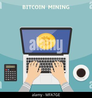 Illustrazione Vettoriale in stile appartamento. Bitcoin e cryptocurrency concetto. Mani con laptop e mining denaro digitale app sullo schermo. Illustrazione Vettoriale