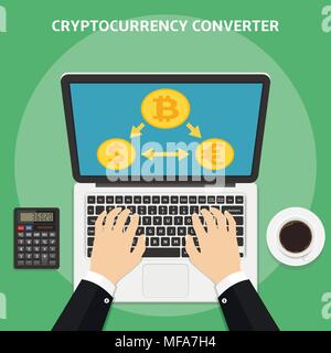 Convertitore Cryptocurrency. Vista superiore del portatile con convertitore bitcoin sito web nella schermata, e imprenditore mani bitcoin trading prezzo. Design piatto ve Illustrazione Vettoriale