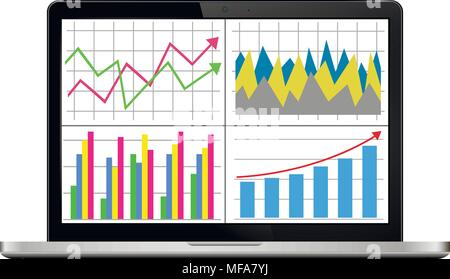 Lo schermo del notebook con la finanziaria a grafici e tabelle. Isolato su bianco. Illustrazione Vettoriale. Illustrazione Vettoriale