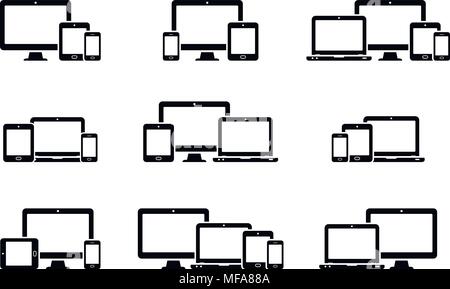 Risponde il web design icone per il monitor di un computer, smartphone, tablet e laptop. Risponde il web design icone in diverse posizioni. Illustrati del vettore Illustrazione Vettoriale