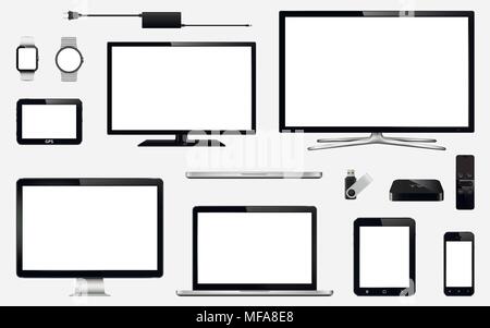 Set di realistico smart tv, monitor per computer, laptop, tablet, telefono cellulare, smart watch, unità flash USB, sistema di navigazione gps dispositivo e tv box rec Illustrazione Vettoriale