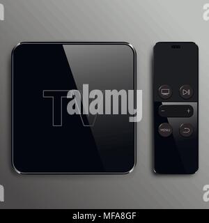 Contenuti multimediali e TV box ricevitore con telecomando. Illustrazione di vettore isolato su sfondo grigio Illustrazione Vettoriale