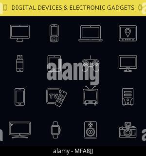 Set di linea sottile icone dispositivi per applicazioni mobili e web design. Illustrazione Vettoriale. Illustrazione Vettoriale
