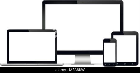 Moderno computer monitor, laptop, tavoletta digitale e telefono cellulare con schermo vuoto. Isolato su sfondo bianco. Eps vettoriali10 Illustrazione Vettoriale