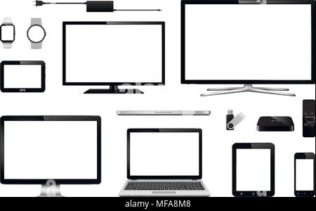 Moderni dispositivi digitali. Set di realistico smart tv, monitor per computer, laptop, tablet, telefono cellulare, smart watch, unità flash USB, sistema di navigazione GPS Illustrazione Vettoriale