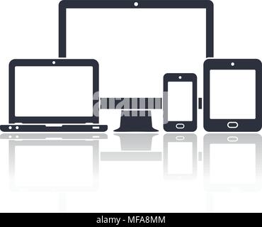 Icone della periferica: smart phone, tablet pc laptop e computer con monitor riflettere su sfondo bianco. Illustrazione Vettoriale di reattivo di web design. Illustrazione Vettoriale