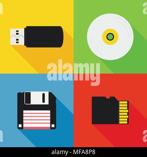 Design piatto lungo ombra nello stile moderno vettore icona set di dispositivi di memorizzazione dei dati. Illustrazione Vettoriale. Illustrazione Vettoriale