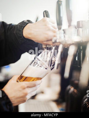 Barista uomo poveri un bicchiere di birra. Foto Stock