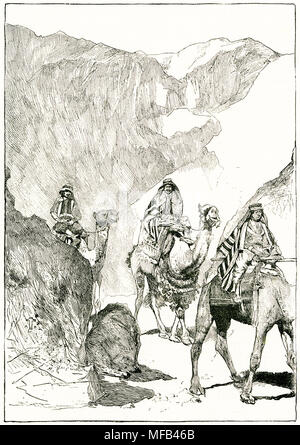 Incisione di beduini e cammelli all'entrata di Wadi el Ain. Da un'incisione originale nel 1891 edizione di nella scrittura terre da Edward L Wilson Foto Stock