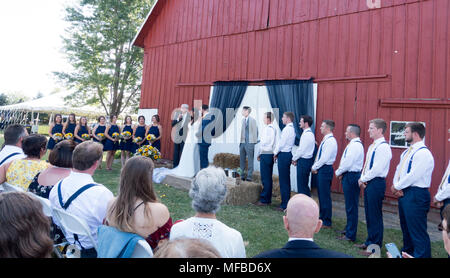 Wedding party lined up in front of barn while minister relates a funny story about his granddaughter. Champaign Illinois IL USA Foto Stock